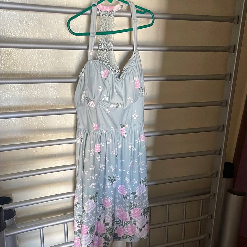 No Boundaries Green and Pink Halter Sundress Midi